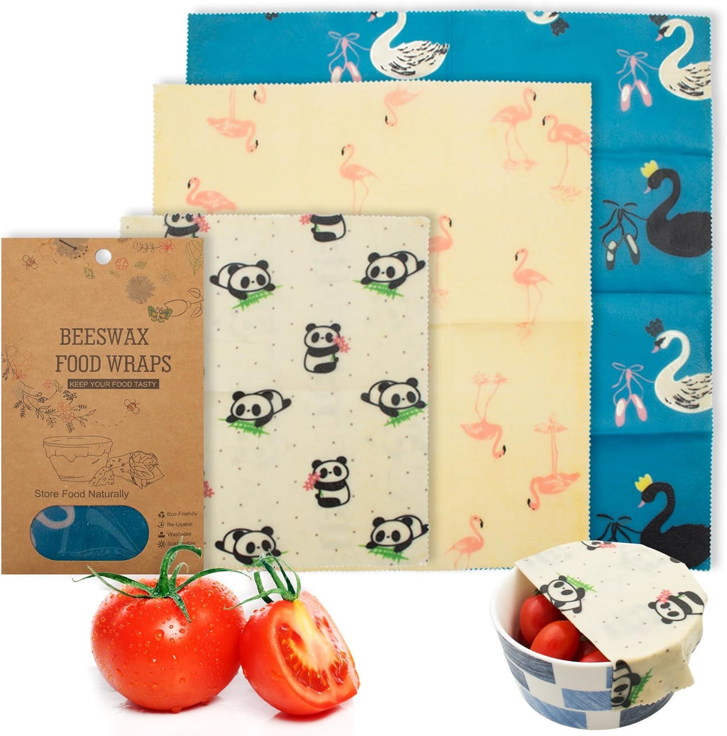 Beeswax Food Wraps. Pack of 3 Assorted Organic Bee Wax Wrapping Papers with Animals. Reusable Set of Small; Medium; Big Natural Cloth Wrappers