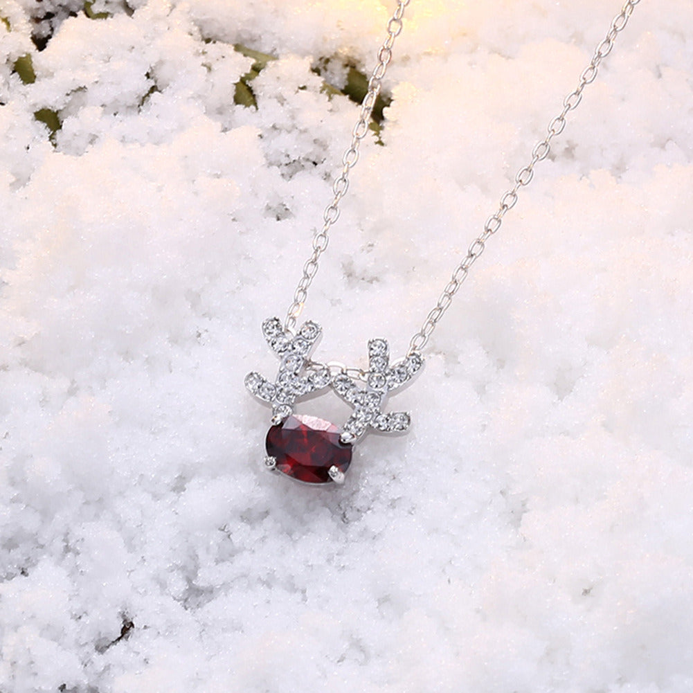 New Fashion Christmas Necklace Cute Red Cubic Zirconia Antlers Long Necklace For Women Girl  Chain Necklaces & Pendants