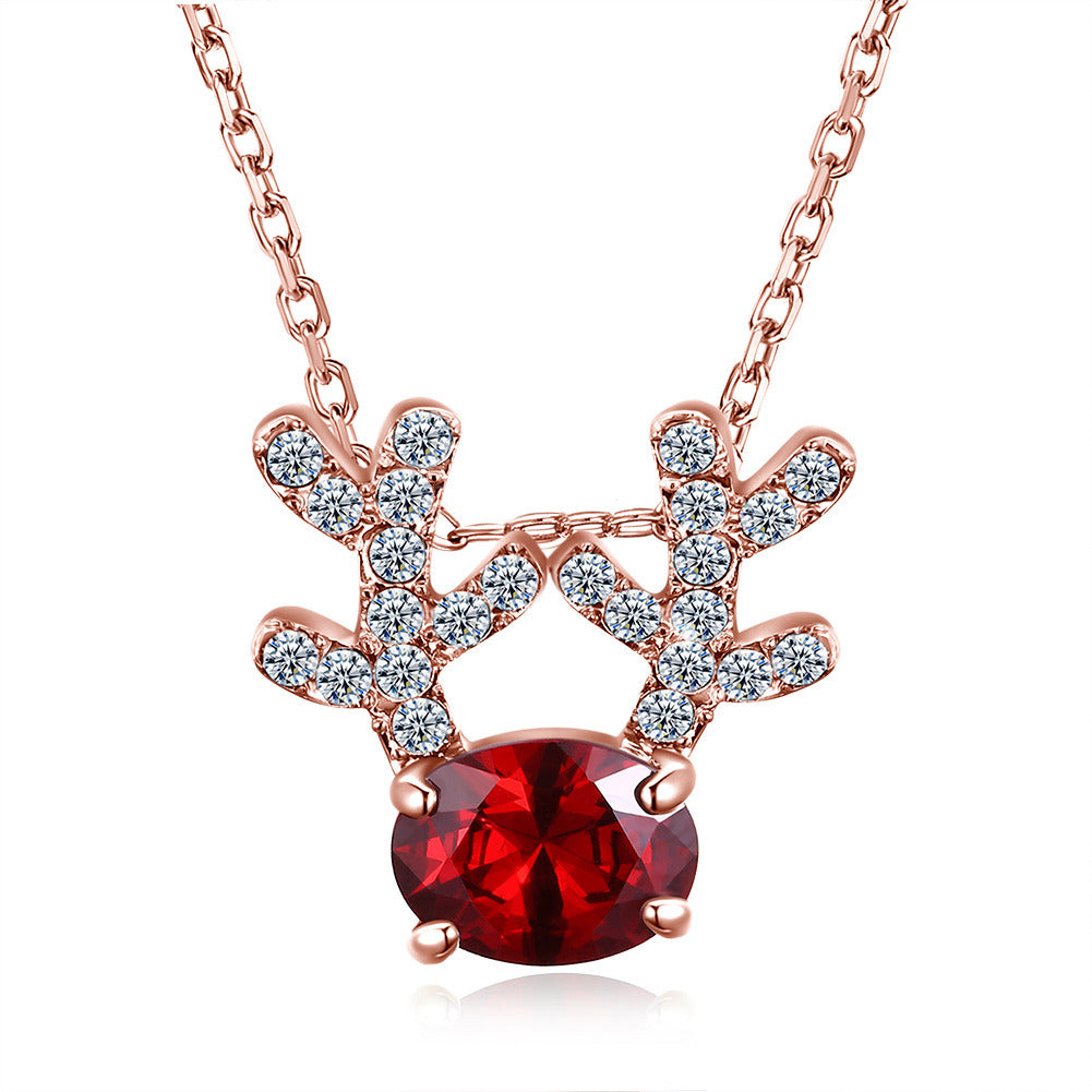 New Fashion Christmas Necklace Cute Red Cubic Zirconia Antlers Long Necklace For Women Girl  Chain Necklaces & Pendants