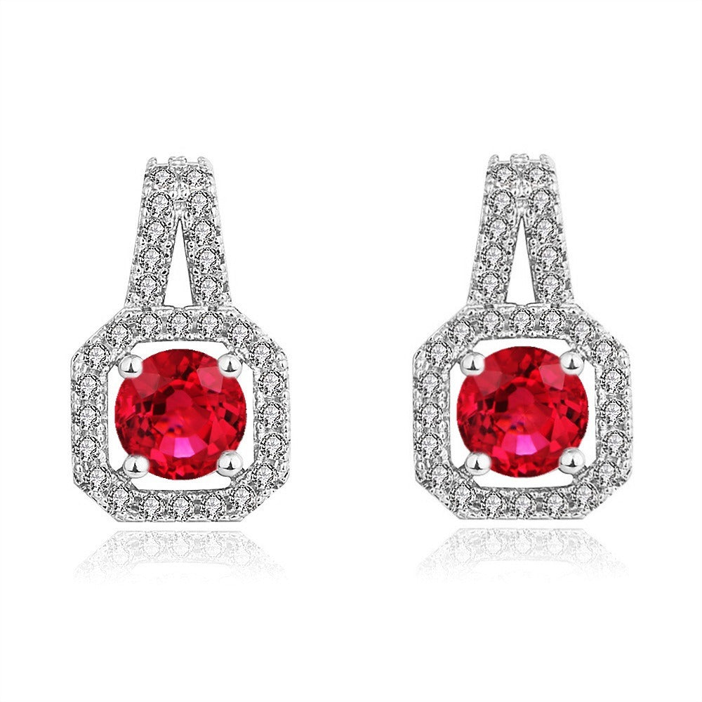 Crystal Ruby Gemstones Diamonds Stud Earrings for Women Plated  Silver Fashion Fine Jewelry