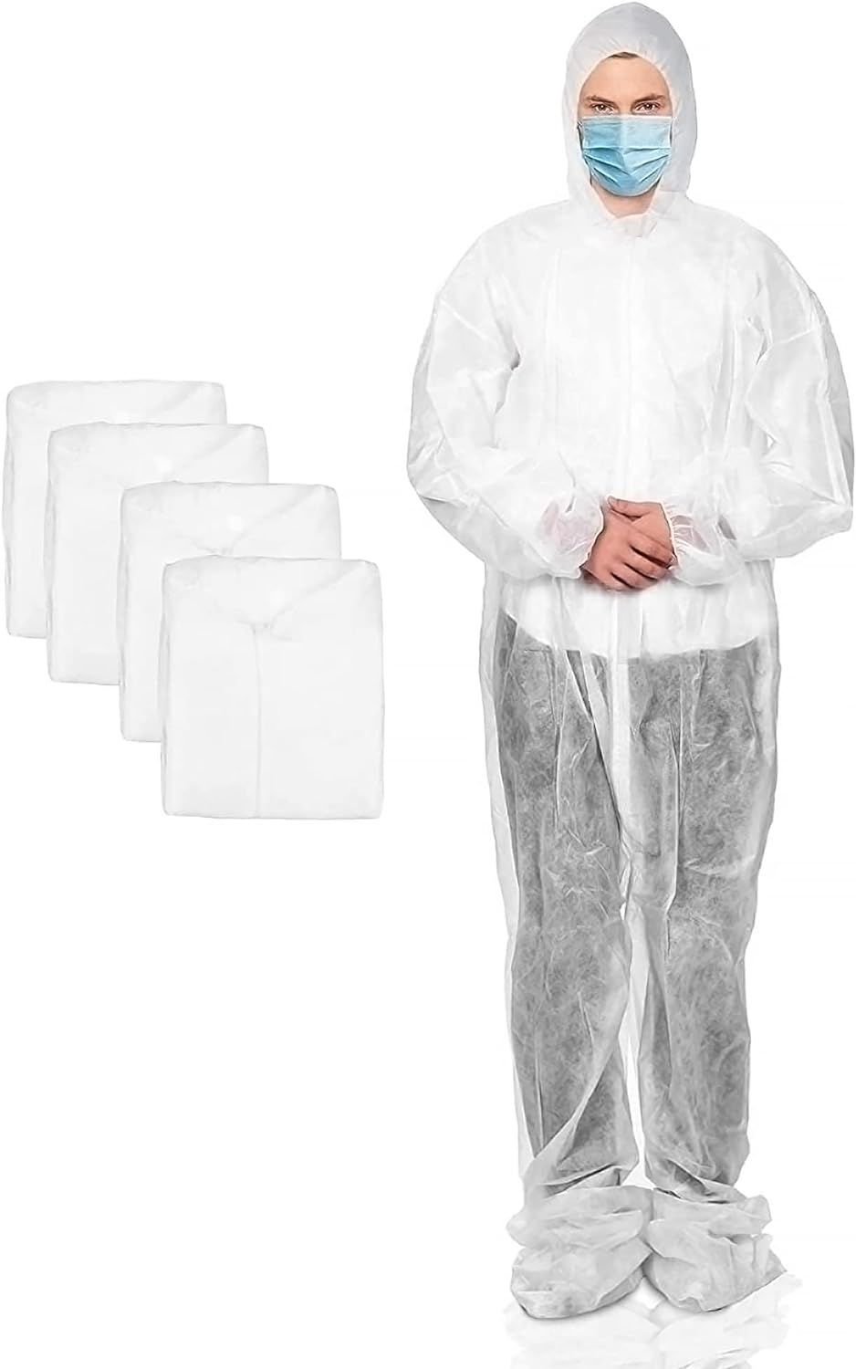 Hazmat Suit 3X-Large. White Adult Disposable Coverall 100% Polypropylene 30gm/m2 Fabric Paint Suit with Hood; Boots; Zipper Front; Entry and Elastic Wrists. Protective Suit