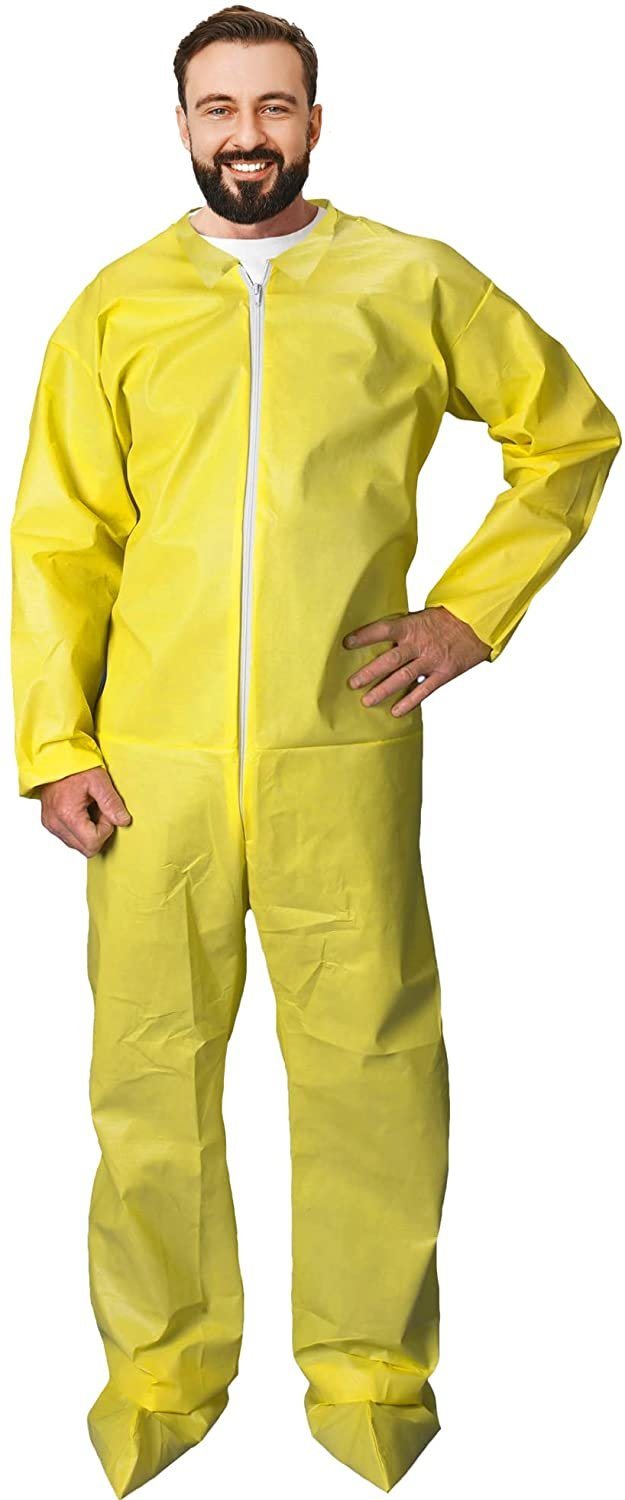 Disposable Coveralls for Men; Women; Pack of 5 Yellow Medium Hazmat Suits Disposable; PP+PE 82gsm Disposable Coverall Suit with Cut Wrists; Ankles; Waterproof Hazmat Suit Costume