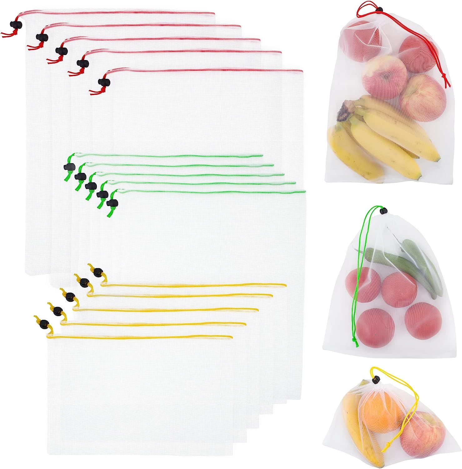 Reusable Grocery Bags 3 Sizes; Pack of 15 Mesh Produce Bags Useful for Storage Fruits and Vegetables 5 x Small 8"×12"; 5 x Medium 14"×12"; 5 x Large 17"×12".