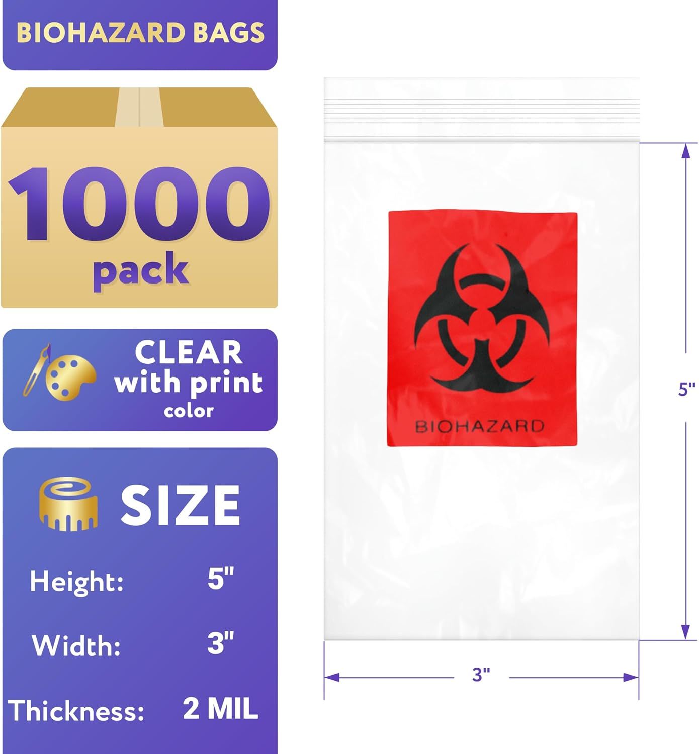 Pack of 1000 Biohazard Specimen Bags 2 Wall Black and Red 3 x 5 Zipper Top Plastic Pouch Bags 3x5 Thickness 2 Mil Printed Polyethylene Transport Bags 