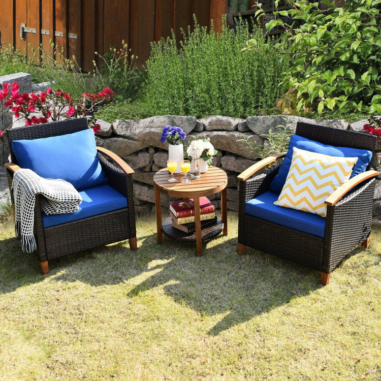 3 Pieces Patio Rattan Furniture Set with Washable Cushion and Acacia Wood Tabletop