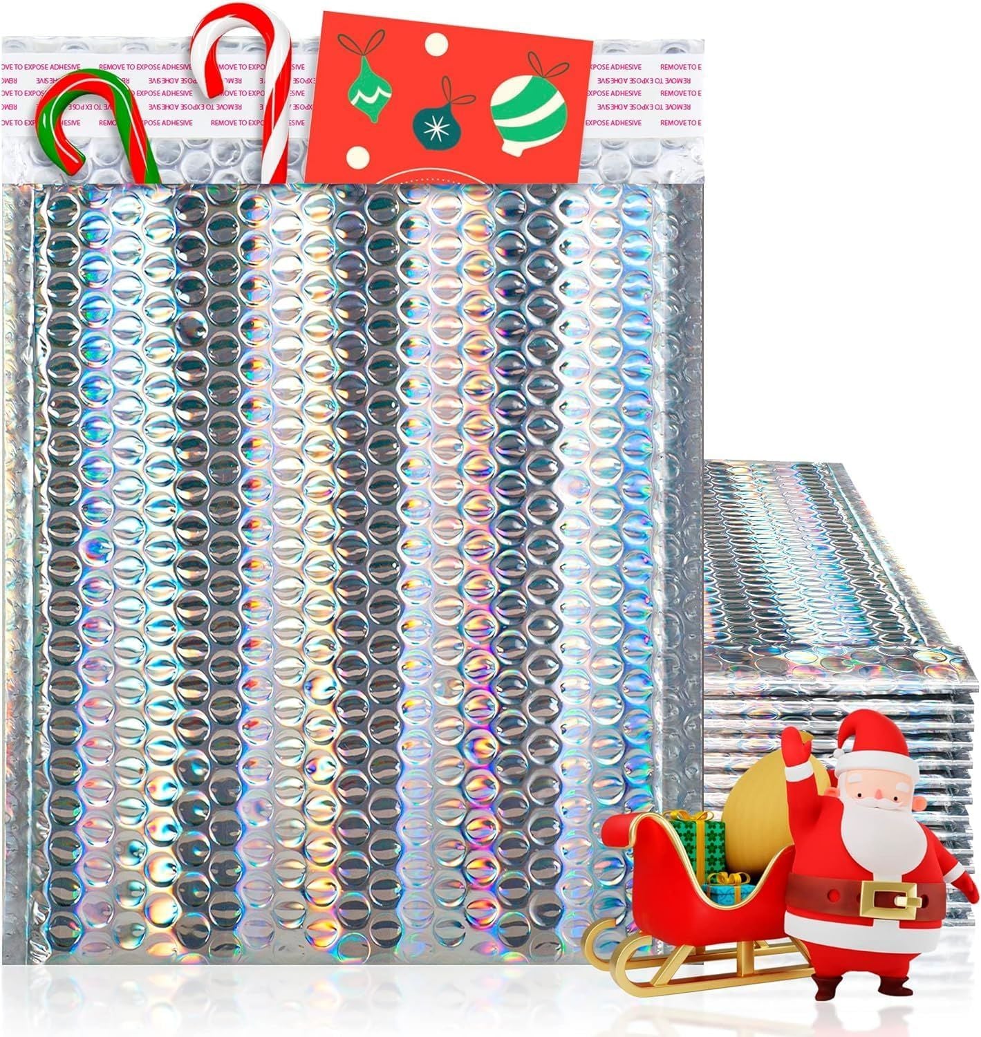 Metallic Holographic Bubble Mailers 8.5 x 11 Size. Pack of 100 Foil Padded Envelopes 8 1/2 x 11 Glitter Bubble Mailers. Self-Sealing Holo Cushion Envelopes. Glamour Holographic Package Envelopes