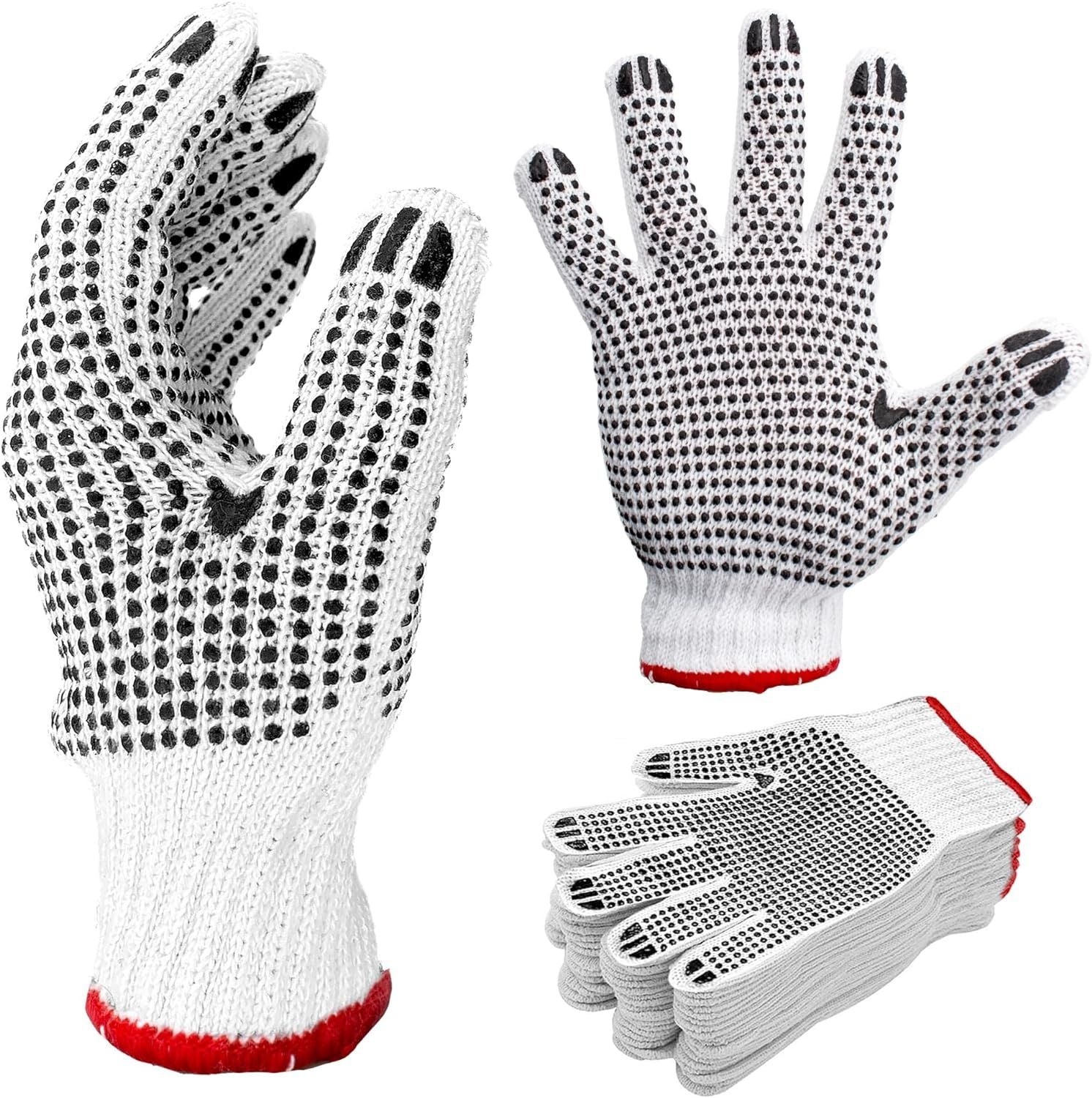 12 Pack PVC Double Side Dot String Gloves for Women. Protective String Knit Gloves with Plastic Dot Coating. Medium Weight Gloves. Knitted Cotton Polyester Gloves for General Purpose. Comfortable fit.