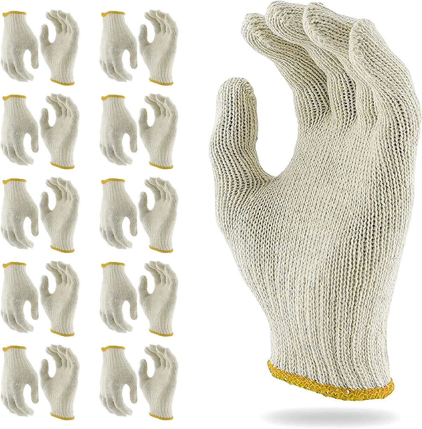 12 Pack White Working Gloves 9". Cotton Polyester Gloves. Reusable Washable Knit Gloves; Medium Weight Gloves; Seamless Workwear Gloves.