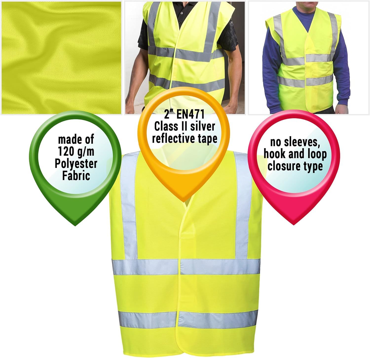 25 Pack High Visibility Safety Vests with Silver Reflective Stripes. X-Large Yellow Lightweight Comfortable Vests. Breathable Polyester Vests. Neon Ye