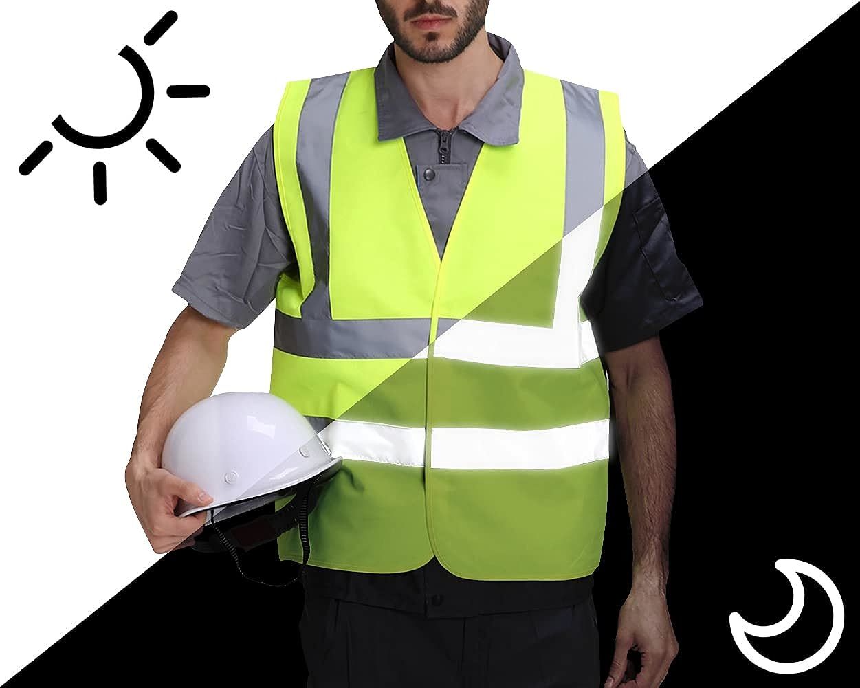 25 Pack High Visibility Safety Vests with Silver Reflective Stripes. X-Large Yellow Lightweight Comfortable Vests. Breathable Polyester Vests. Neon Ye