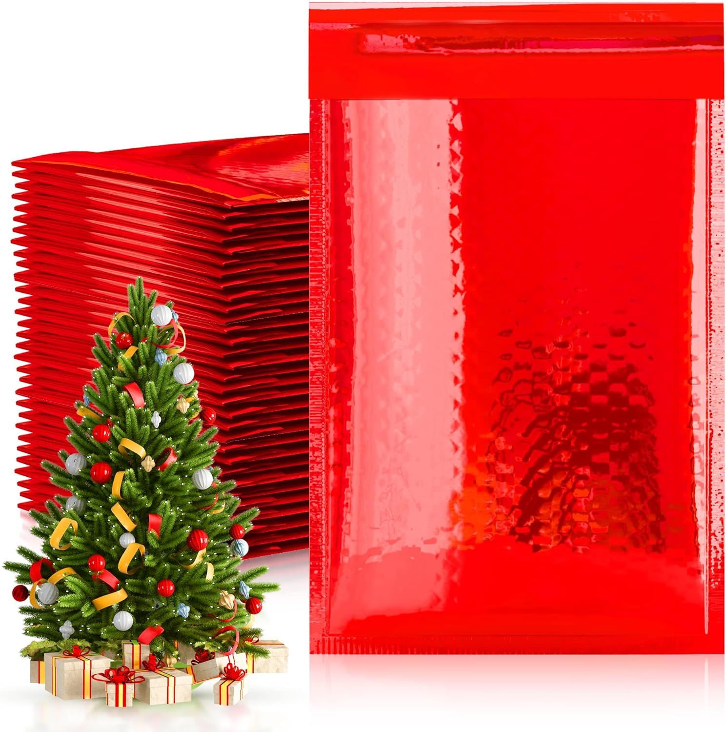 Bubble mailers 5x9 Padded envelopes. Pack of 300 Hot Red cushion envelopes. Exterior size 6 x 9.5. Peel & Seal. Glamour Metallic foil mailers