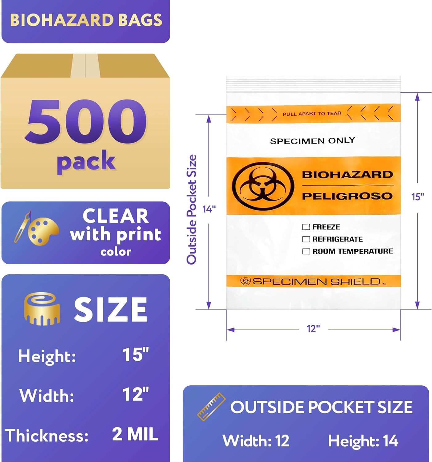 Pack of 500 Biohazard Specimen Bags; Orange and Black 12 x 15. Zipper Tear Pouch Bags 12x15. Thickness 2 mil. Seal Top Specimen Lab Transport Bags for