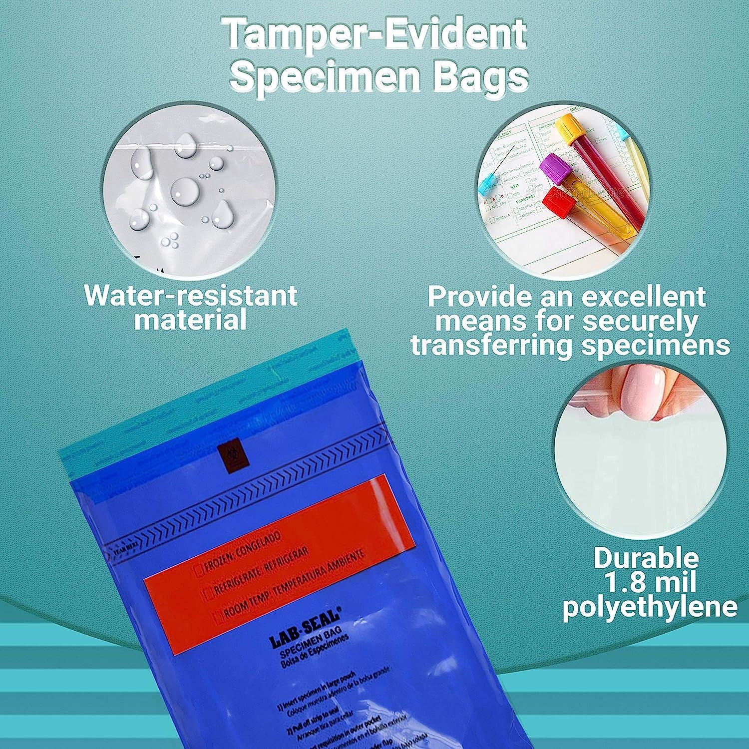 Pack of 1000 Tamper-Evident Specimen Bags; Blue 6 x 10. Printed Polyethylene Bags 6x10. Pull Tab Adhesive Closure 1.80 mil Thick. Removable Biohazard 