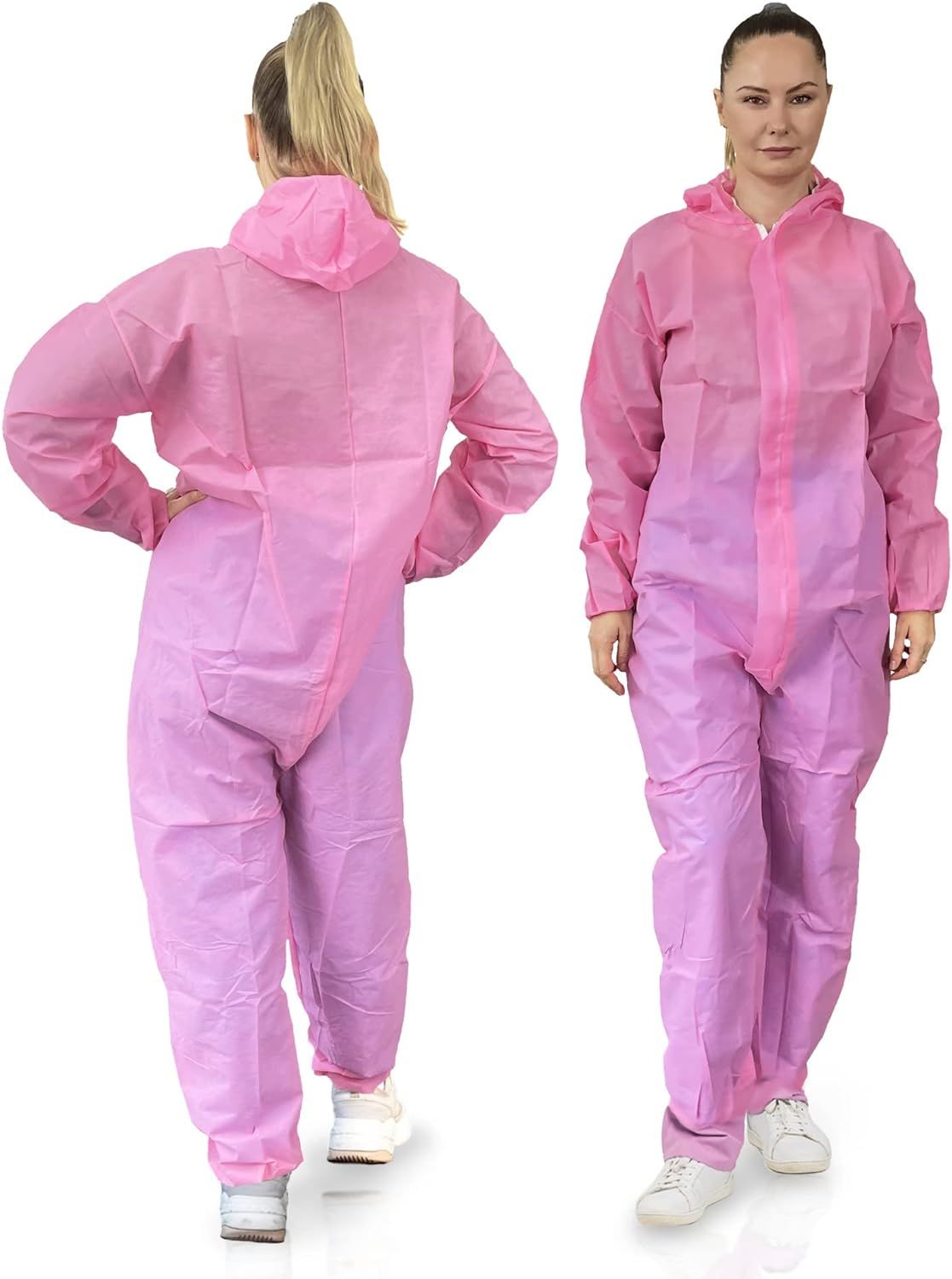 Disposable Coveralls. Pack of 25 Pink Large Overalls with Elastic Cuffs; Hood. Breathable SPP 45 gsm Clothing for Pharmaceutical; Medical and Lab Work. Full Body Protective Suits for Women.