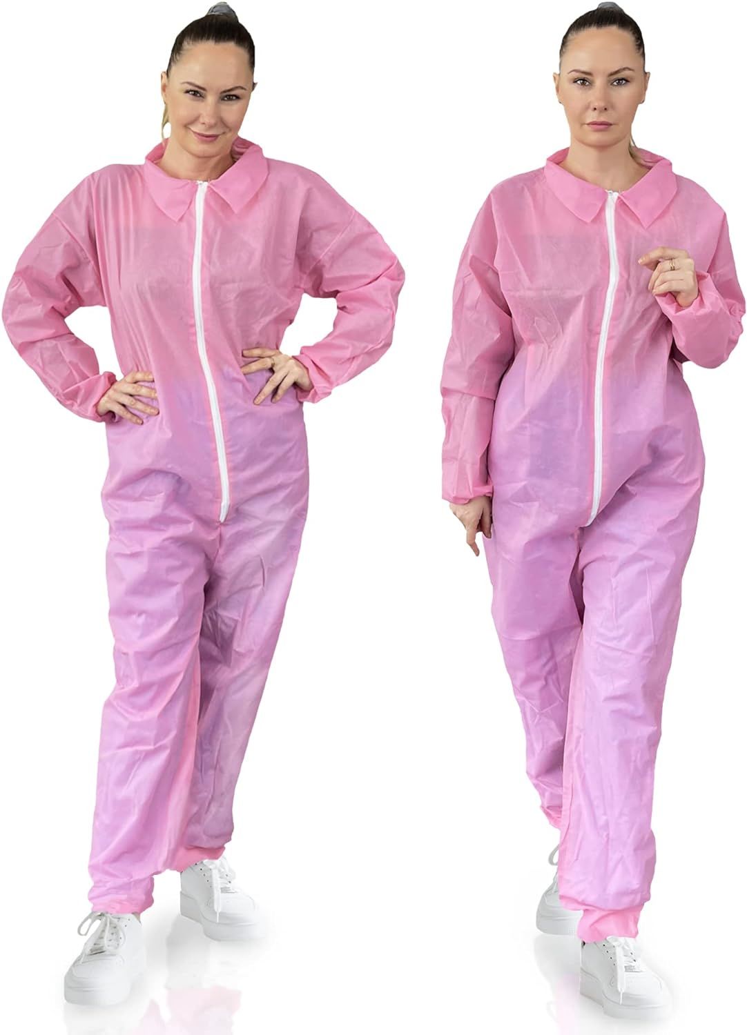 Disposable Coveralls. Pink Overalls with Elastic Cuffs and Ankles; Collar/Hood/Boots. Full Body Protective Suits SPP 45 gsm.