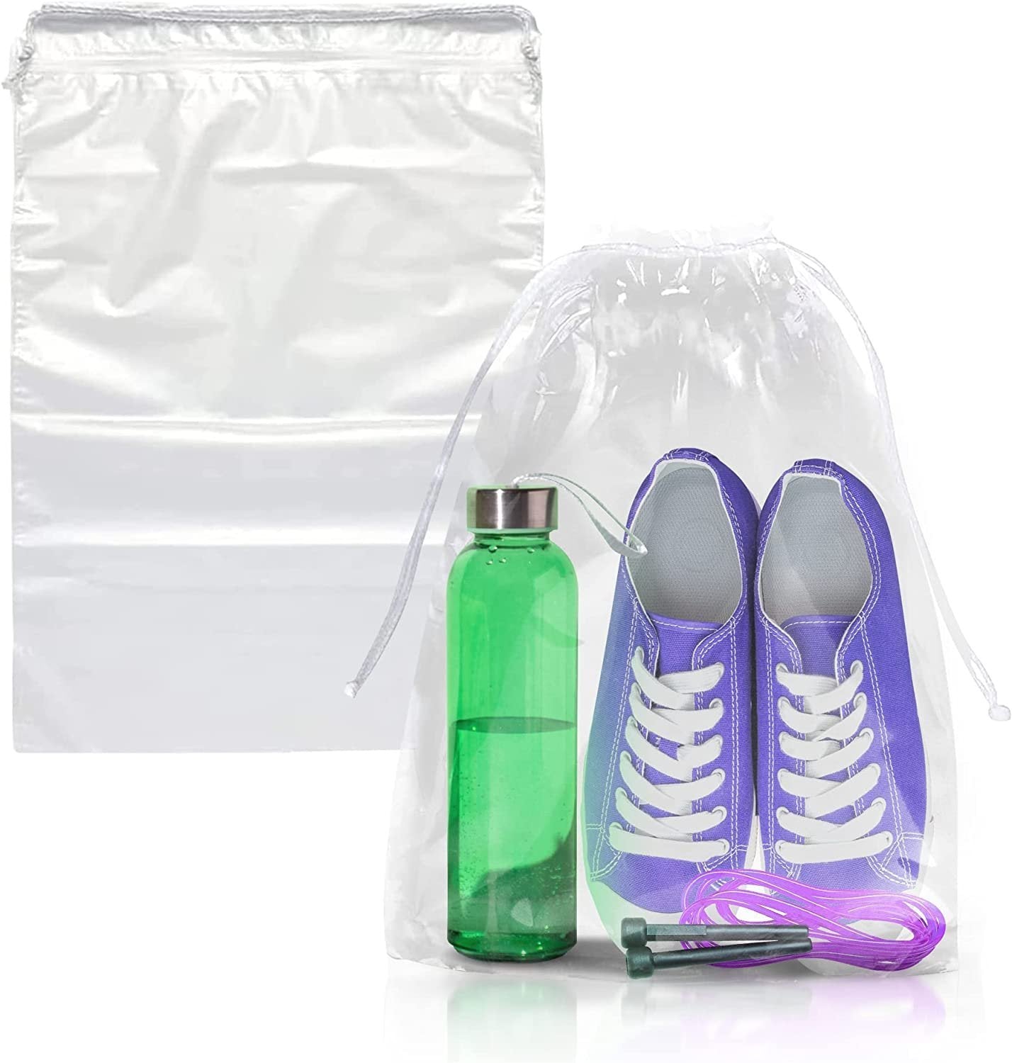 Clear Drawstring Bags 6" x 10"; Pack of 50 Travel Shoe Bags for Packing; Shipping; Storage; 2 mil Waterproof Clear Plastic Bag with Double Cotton Drawstrings; Odorless Shoe Dust Bags