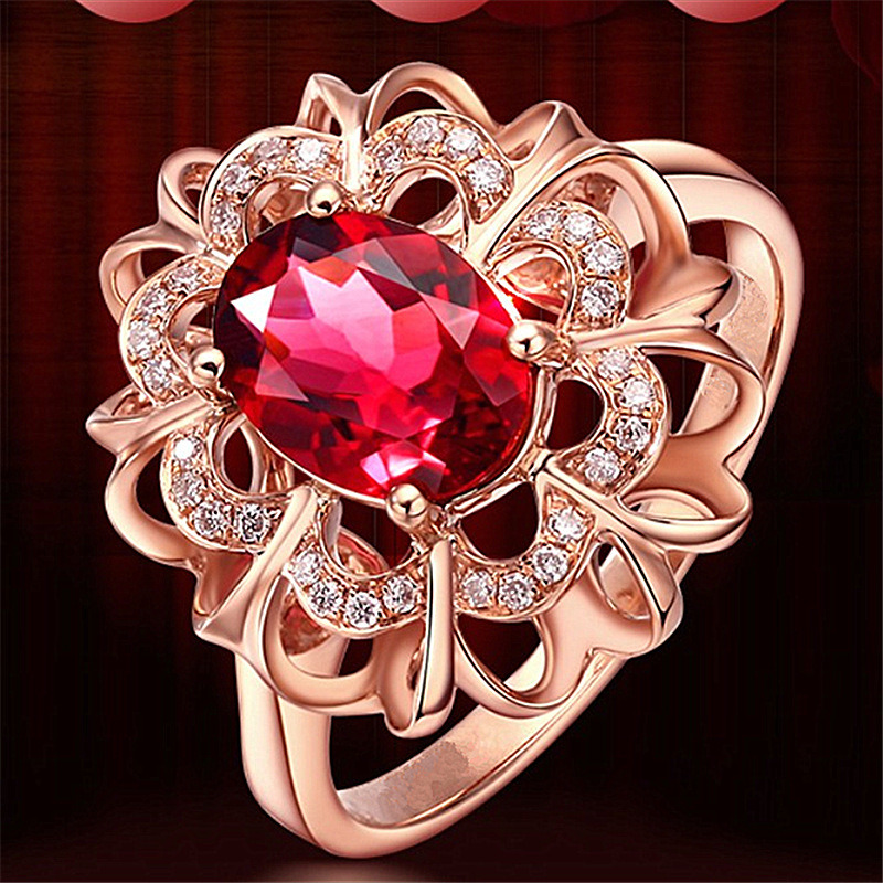 Fashion Ring Jewelry Red Stone Flower Design Rings for Women Bridal Wedding Accessories