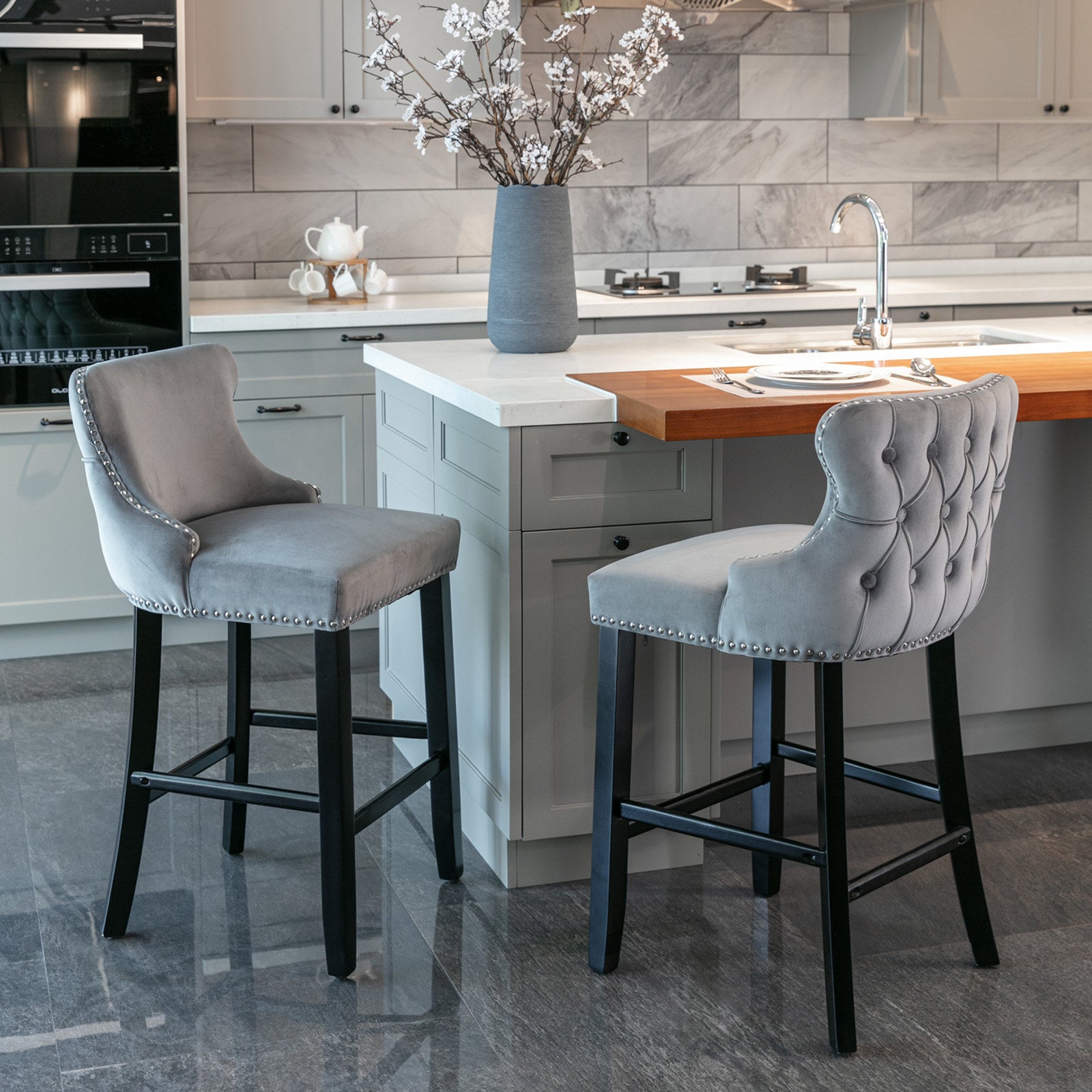 Contemporary Velvet Upholstered Wing-Back Barstools with Button Tufted Decoration and Wooden Legs;  and Chrome Nailhead Trim;  Leisure Style Bar Chairs; Bar stools;  Set of 2