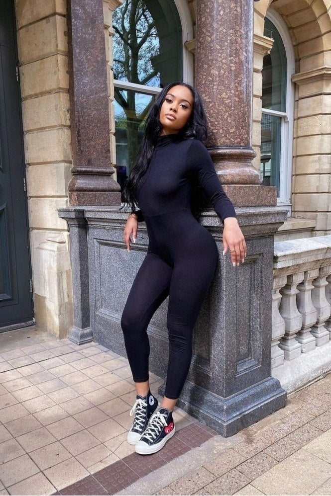 Black High Neck Long Sleeve Jumpsuit