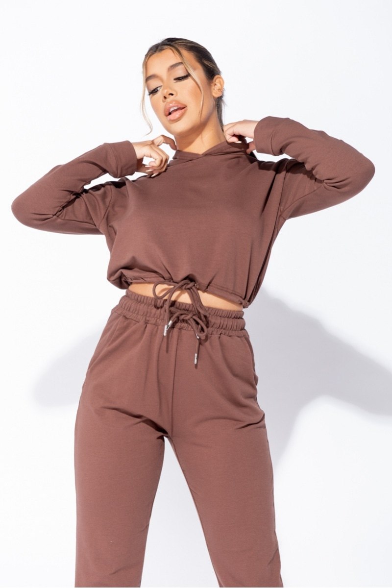 Olive/Brown Cropped Hoodie Jogger Lounge Set