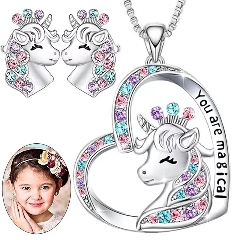 Fashion Girl You Are Magical Cute Lucky Unicorn Necklace Stud Earrings Birthstone Horse Jewelry Gift for Girls Friends Sisters