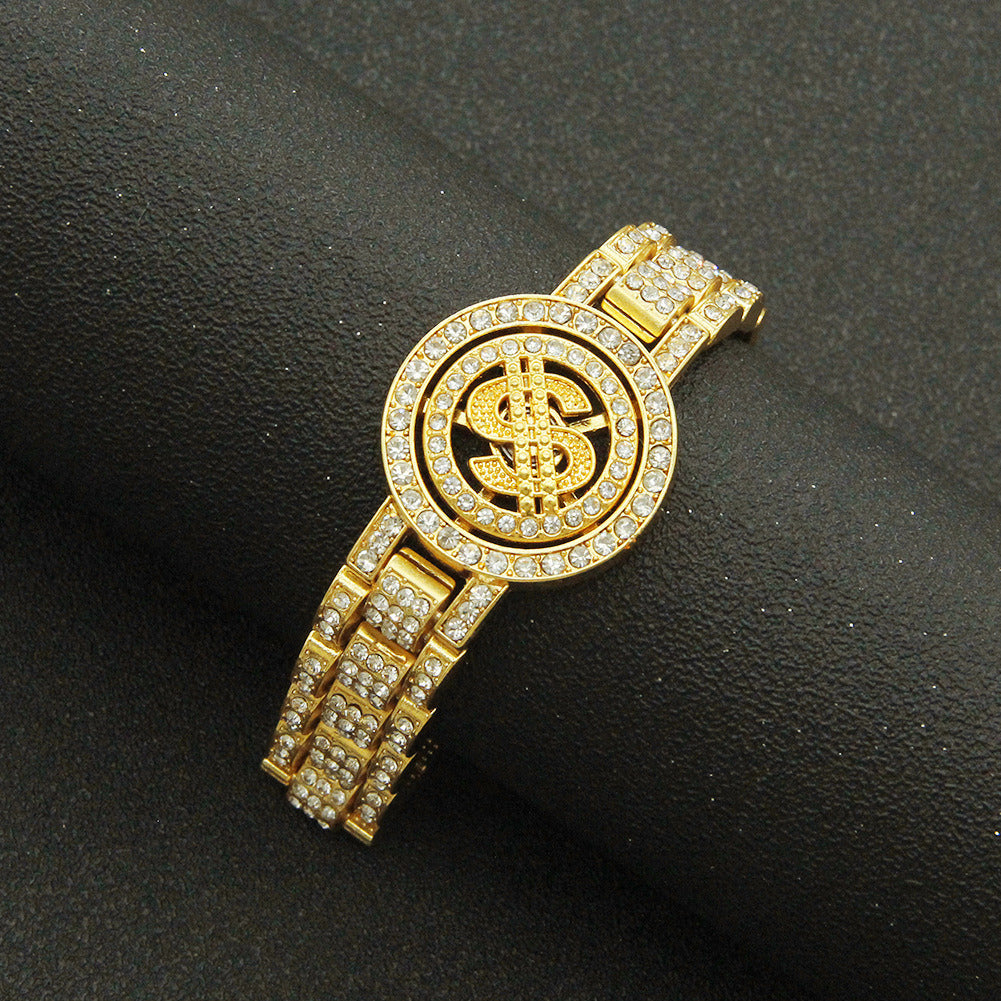 Rotatable Dollar Cuban Chain Link Bracelet for Men Women Hip Hop Bling Alloy Rhinestone Goth Hand Chain