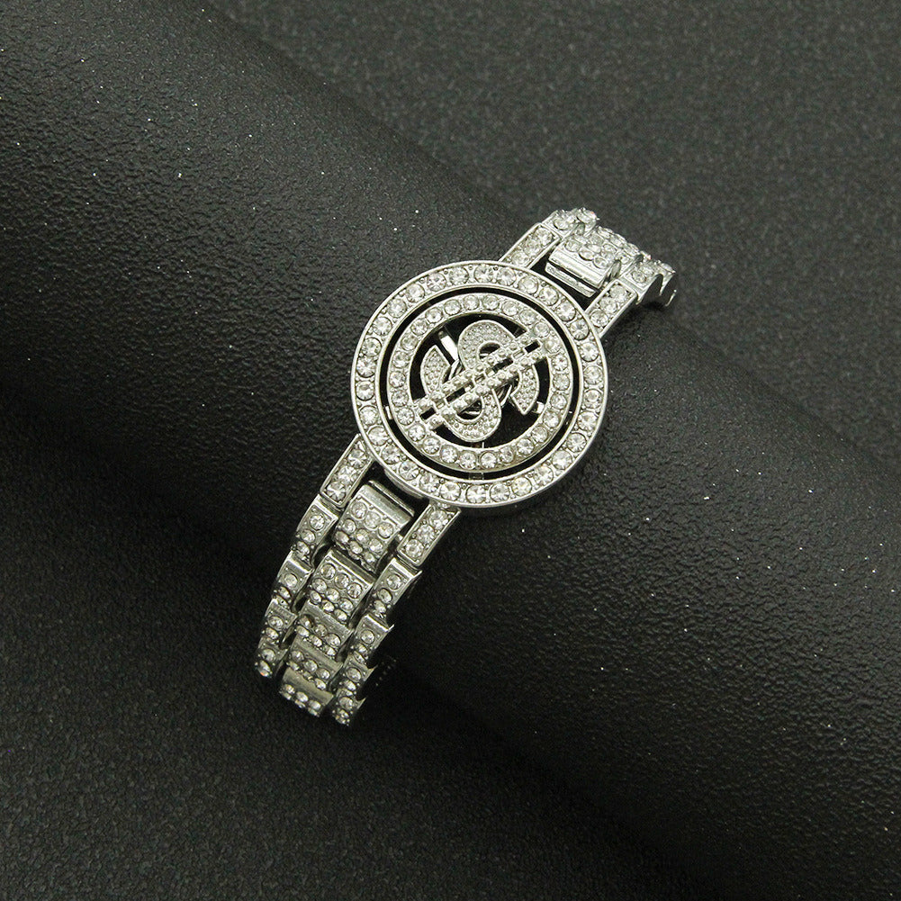 Rotatable Dollar Cuban Chain Link Bracelet for Men Women Hip Hop Bling Alloy Rhinestone Goth Hand Chain