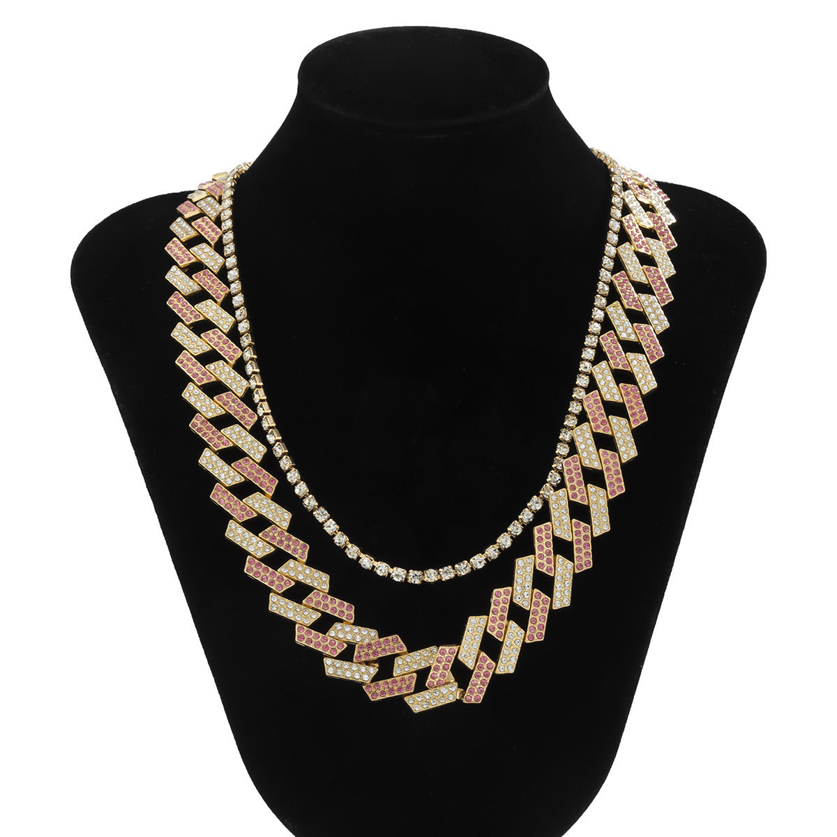 Hip Hop 2PCS Cuban Chain   Baguette Rhinestone Miami Zircon Bling Iced Out Necklace For Men  Women Jewelry