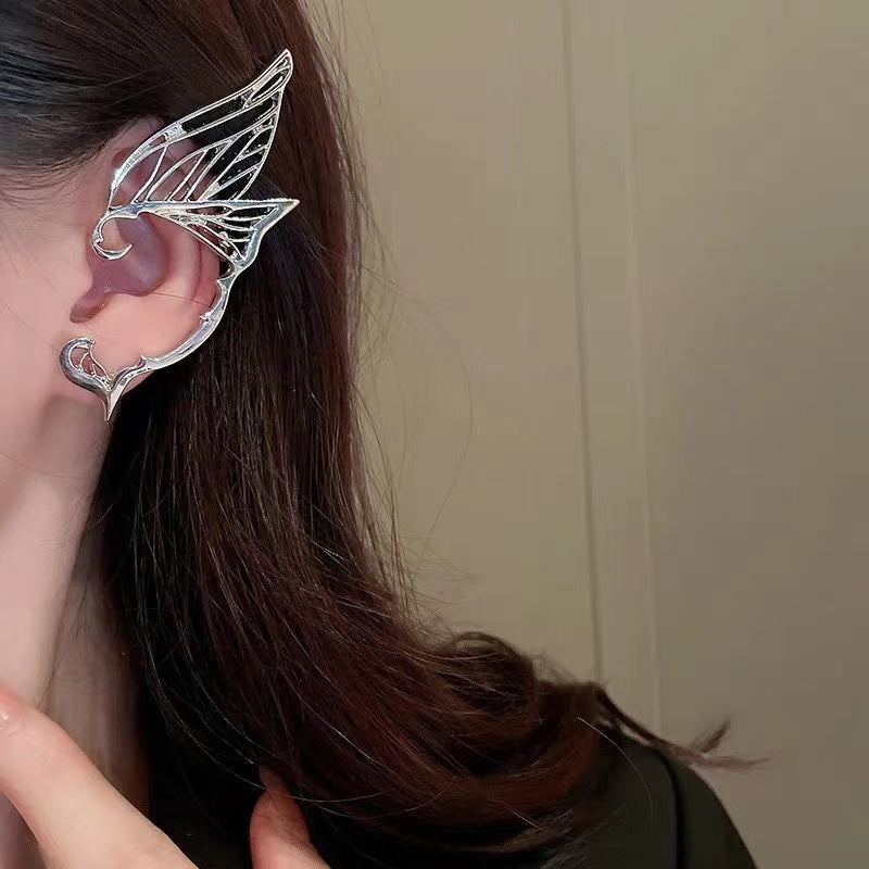 Plated Silver Needle Butterfly Elf Earrings Hanging One-Piece Personality Design Metal Cool Wind Earrings Ear Clip