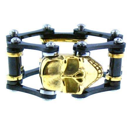 18K Gold Plated Skull And Bike Chain Stainless Steel Ring / SCR3071
