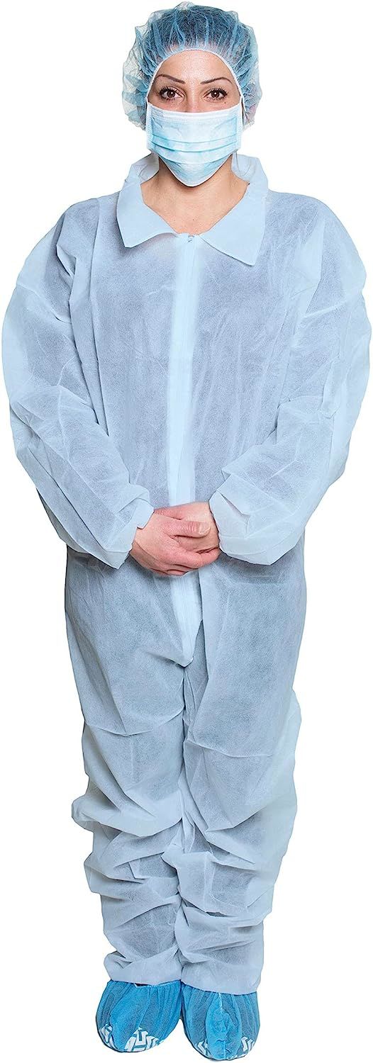 Disposable Coveralls. Pack of 5 Blue Hazmat Suits X-Large. Polypropylene Protective Suits with Long Sleeves; Zip Closure; Open Wrists and Ankles. Non-Sterile Unisex Painters Suit