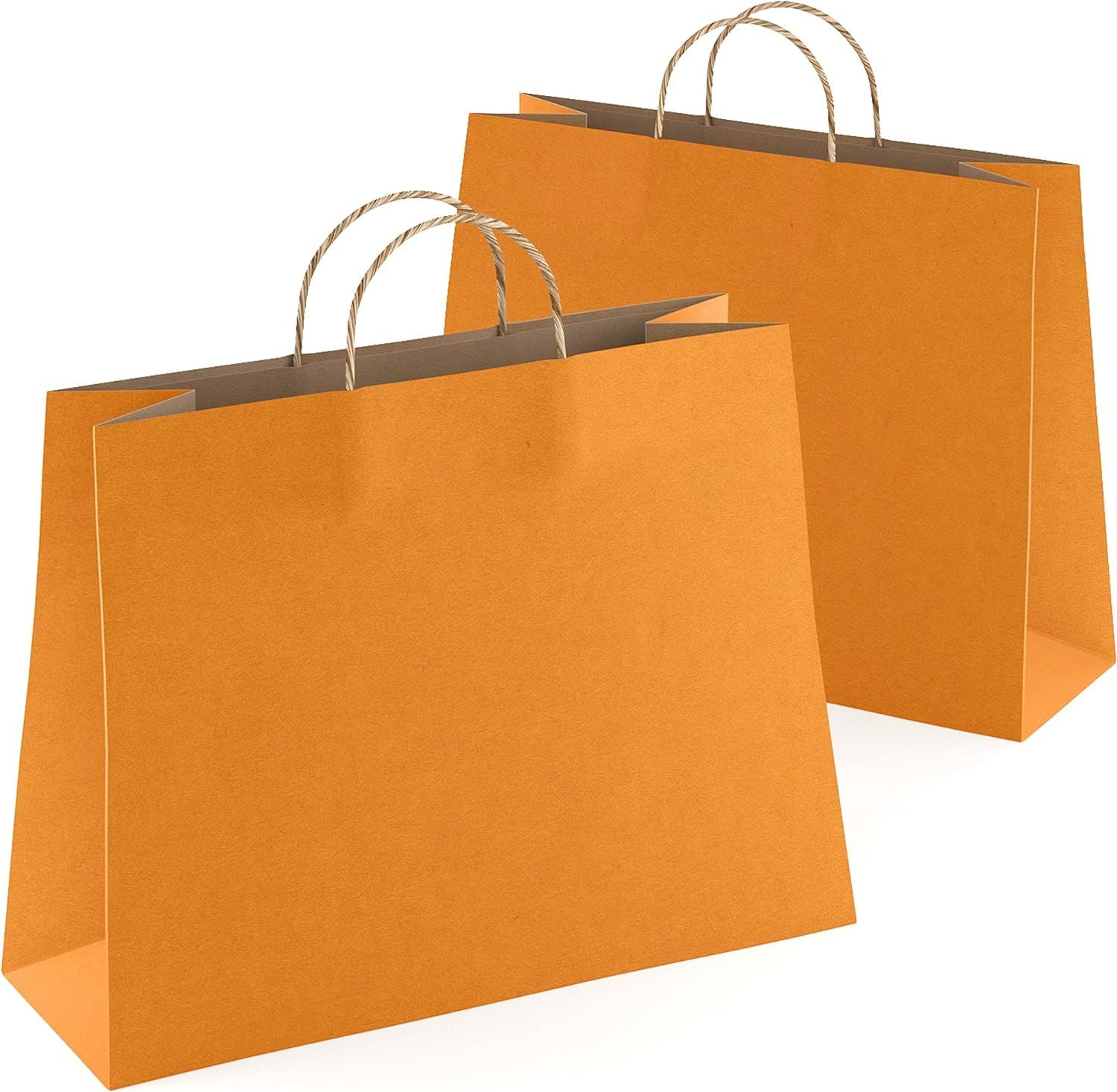 Orange Shopping Bags 16" x 6" x 12"; Pack of 50 Orange Paper Bags with Handles Bulk; 150 GSM Orange Gift Bags with Handles; Natural Orange Kraft Bags 