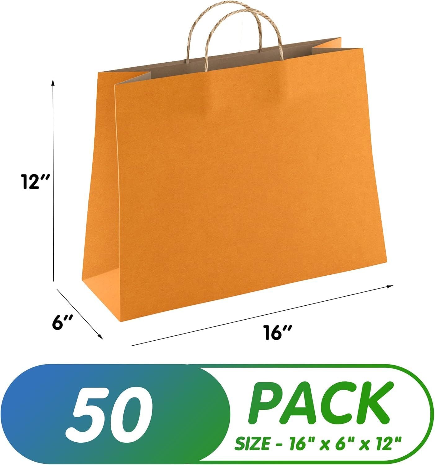Orange Shopping Bags 16" x 6" x 12"; Pack of 50 Orange Paper Bags with Handles Bulk; 150 GSM Orange Gift Bags with Handles; Natural Orange Kraft Bags 