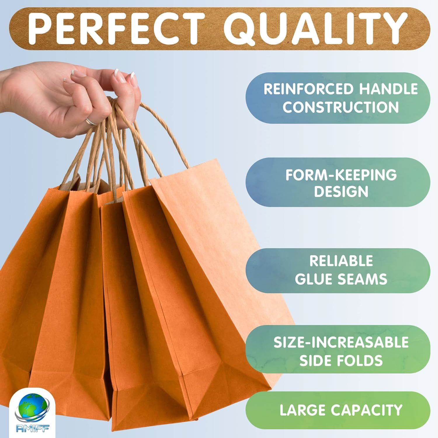 Orange Shopping Bags 16" x 6" x 12"; Pack of 50 Orange Paper Bags with Handles Bulk; 150 GSM Orange Gift Bags with Handles; Natural Orange Kraft Bags 