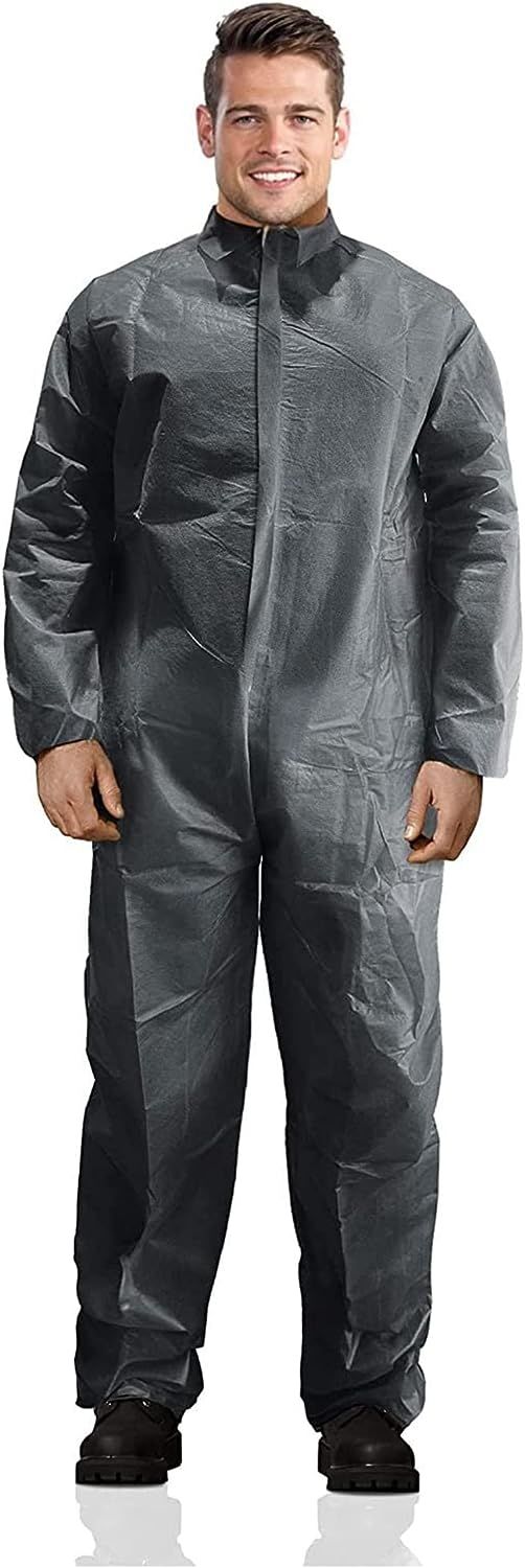 Disposable Hazmat Suit X-Large. Gray Disposable Coverall. Paint Suit with Zipper Front Entry; Elastic Wrists. Unisex Protective Suit. Painters Suit