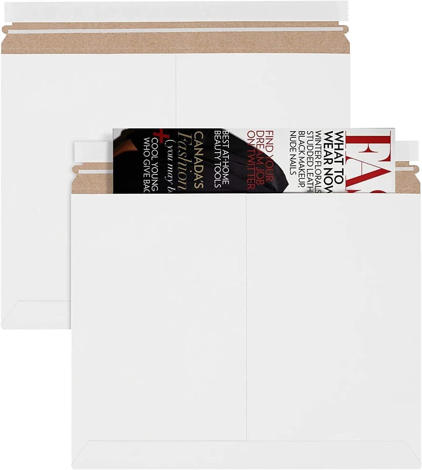 Pack of 10 White Rigid Mailers 14 7/8 x 11 7/8. Side-Loading Paperboard envelopes. Self-Seal Photo mailers. Peel and Seal Closure. No Bend documents; Photos; Diplomas. Ideal for CD; DVD; booklets