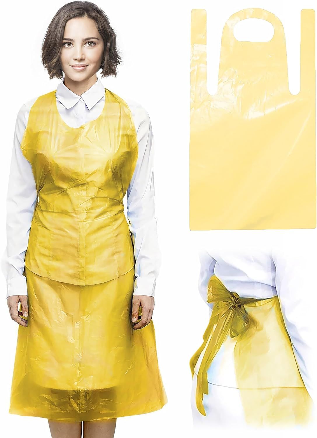 Pack of 50 Yellow Aprons 1 Mil Lightweight Disposable Unisex Waterproof Soft Polyethylene Industrial Aprons for Food Industry Cooking Painting Hair Dressers Makeup Classes; Wholesale Price