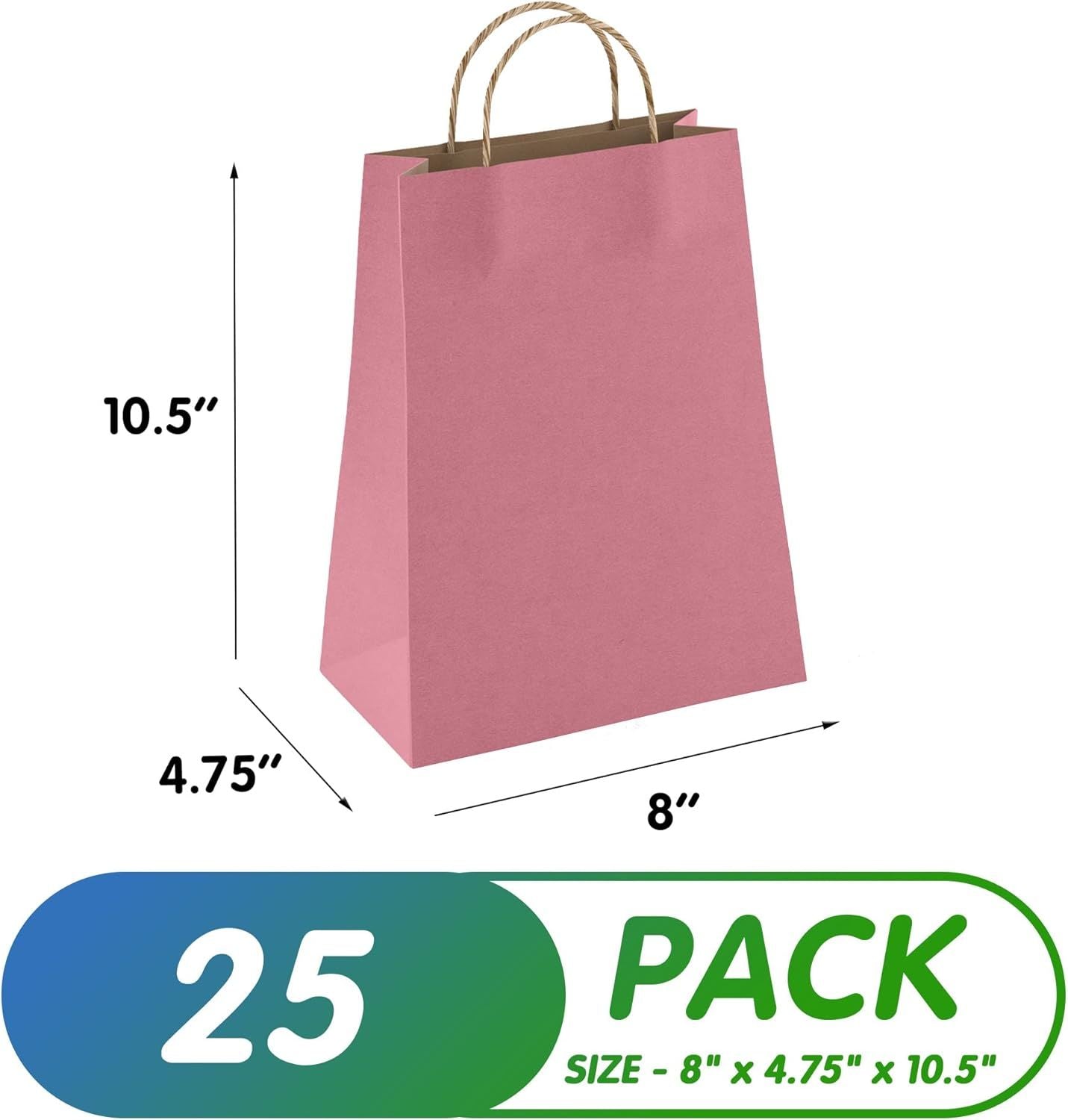 Purple Shopping Bags with Handles 8" x 4.75" x 10.5"; Pack of 25 Purple Paper Bags with Handles Bulk; 150 GSM Purple Gift Bags with Handles; Natural P