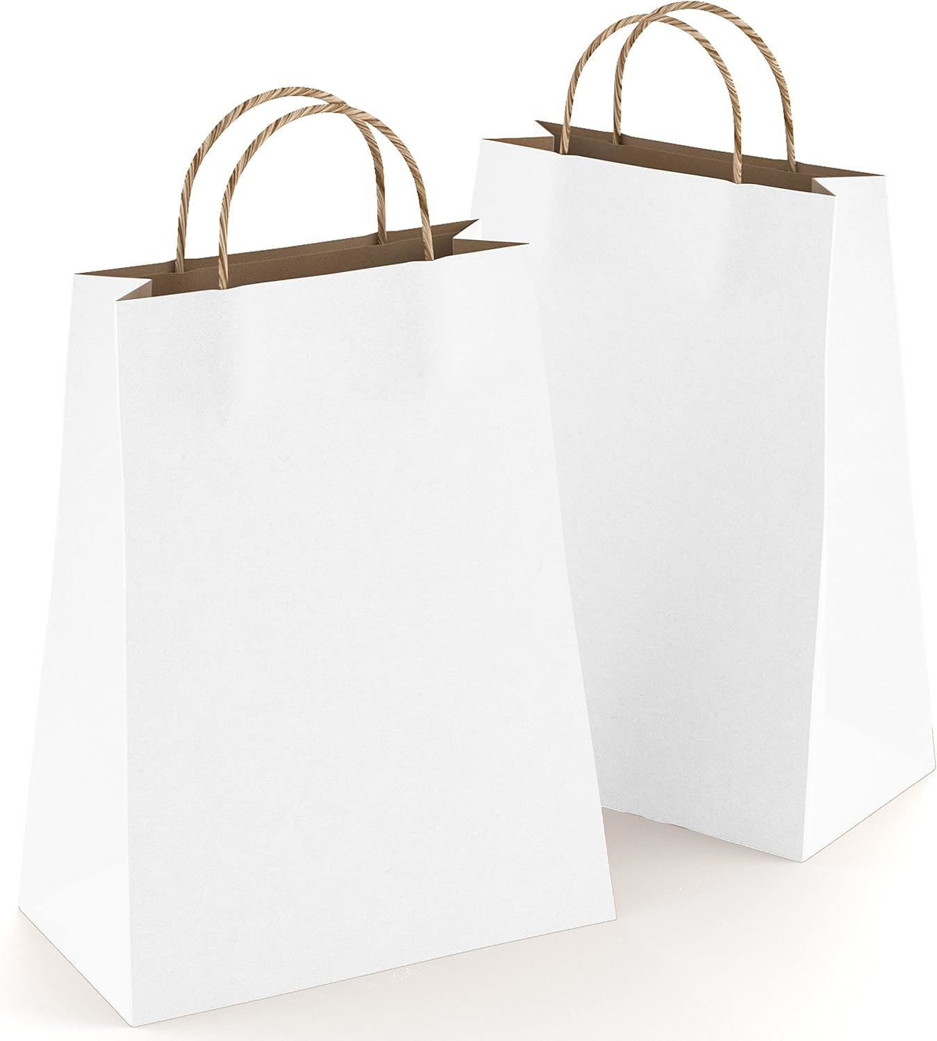 White Shopping Bags with Handles 10" x 5" x 13"; Pack of 25 White Gift Bags with Handles Bulk; 150 GSM White Paper Bags with Handles; White Bags with 