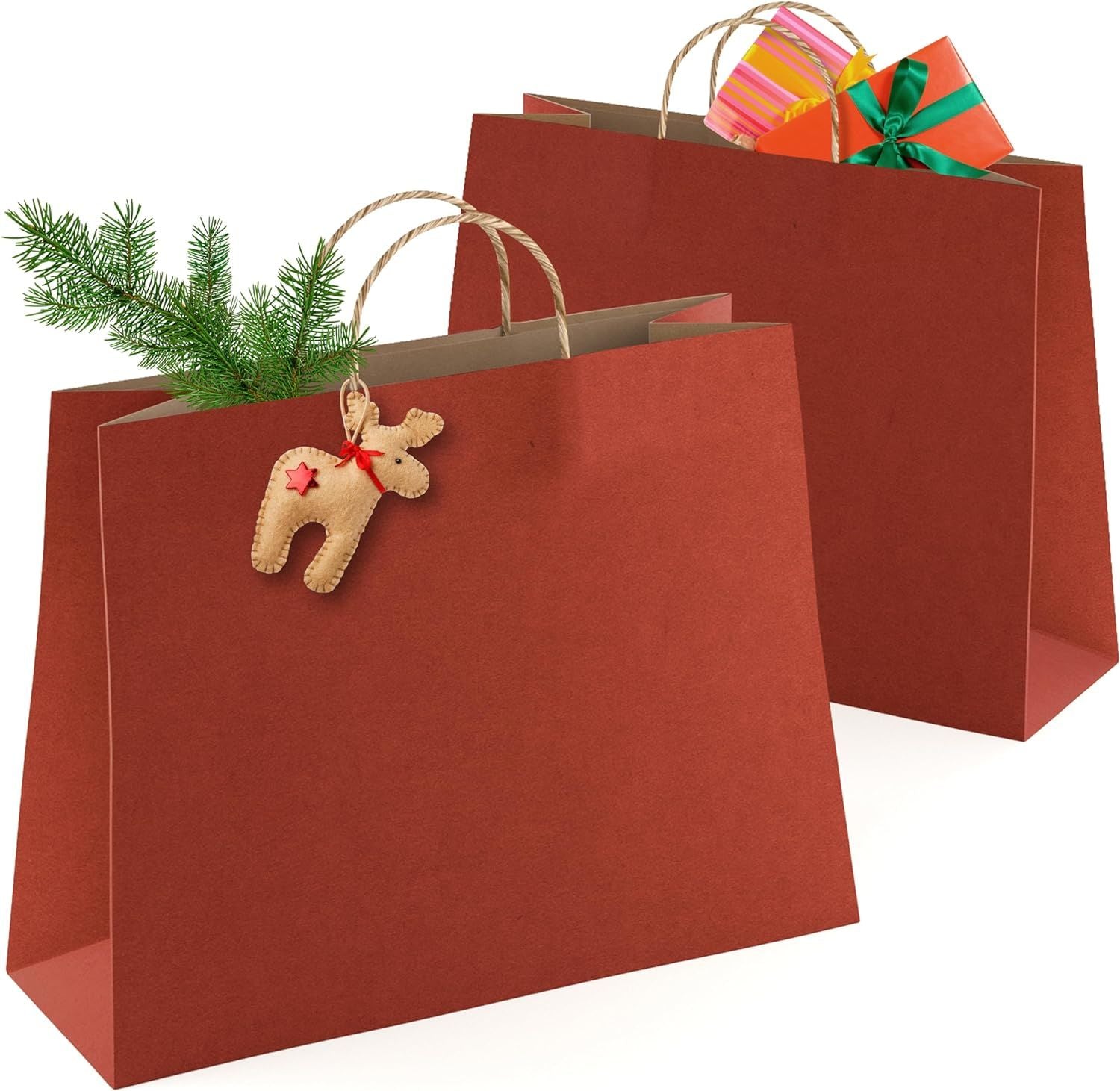 Red Shopping Bags 16" x 6" x 12"; Pack of 50 Red Paper Bags with Handles Bulk; 150 GSM Kraft Bags; Natural Red Gift Bags with Handles; Large Red Gift 
