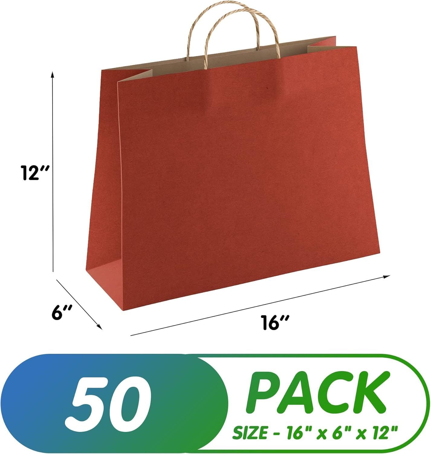 Red Shopping Bags 16" x 6" x 12"; Pack of 50 Red Paper Bags with Handles Bulk; 150 GSM Kraft Bags; Natural Red Gift Bags with Handles; Large Red Gift 