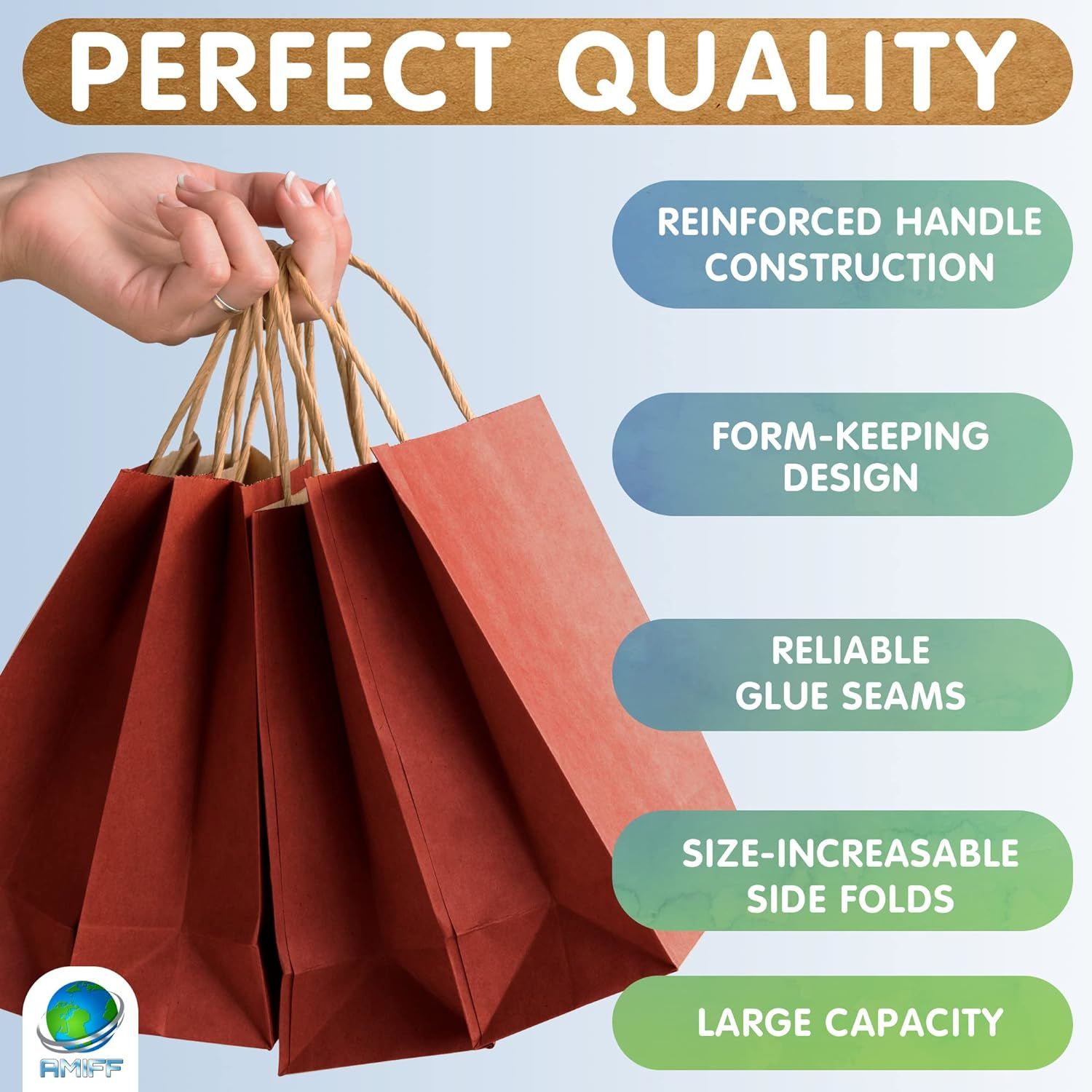 Red Shopping Bags 16" x 6" x 12"; Pack of 50 Red Paper Bags with Handles Bulk; 150 GSM Kraft Bags; Natural Red Gift Bags with Handles; Large Red Gift 