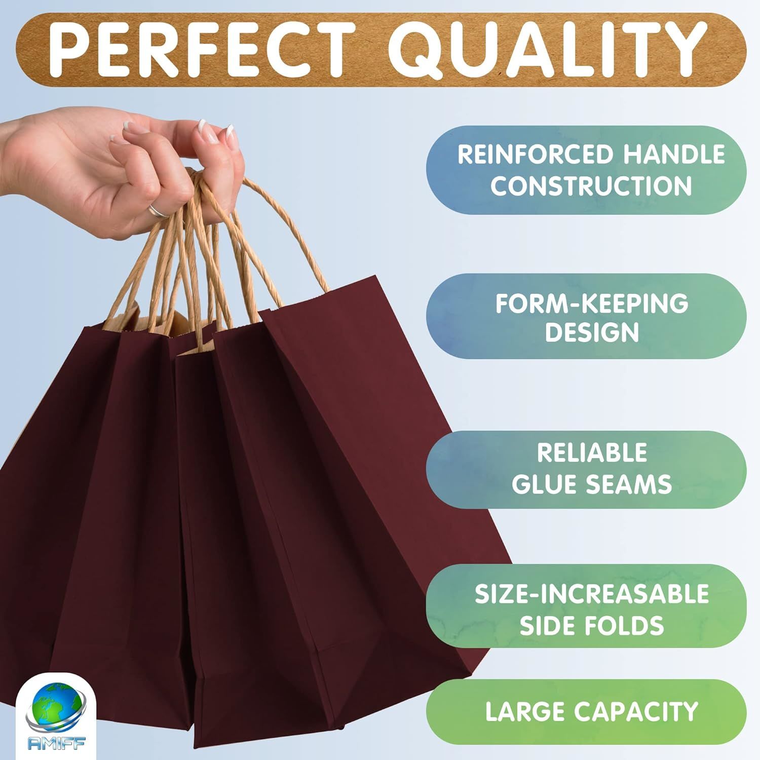 Coffee Shopping Bags 8" x 4.75" x 10.5"; Pack of 25 Coffee Paper Bags with Handles Bulk; 150 GSM Coffee Gift Bags Bulk; Natural Kraft Bags with Handle