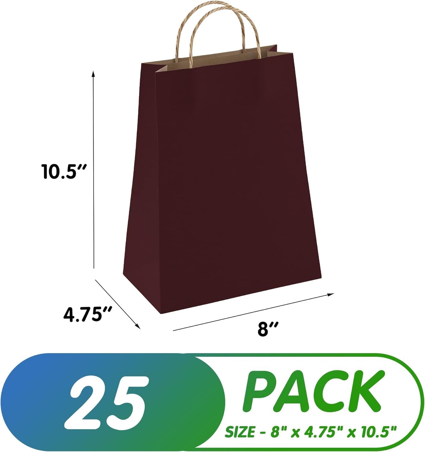 Coffee Shopping Bags 8" x 4.75" x 10.5"; Pack of 25 Coffee Paper Bags with Handles Bulk; 150 GSM Coffee Gift Bags Bulk; Natural Kraft Bags with Handle