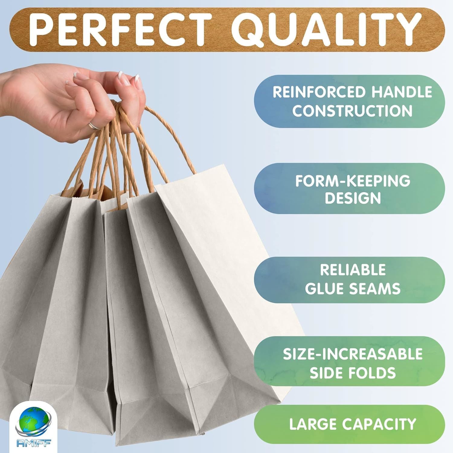 Silver Shopping Bags with Handles 8" x 4.75" x 10.5"; Pack of 25 Silver Gift Bags Bulk; 150 GSM Silver Paper Bags with Handles Bulk; Natural Silver Kr