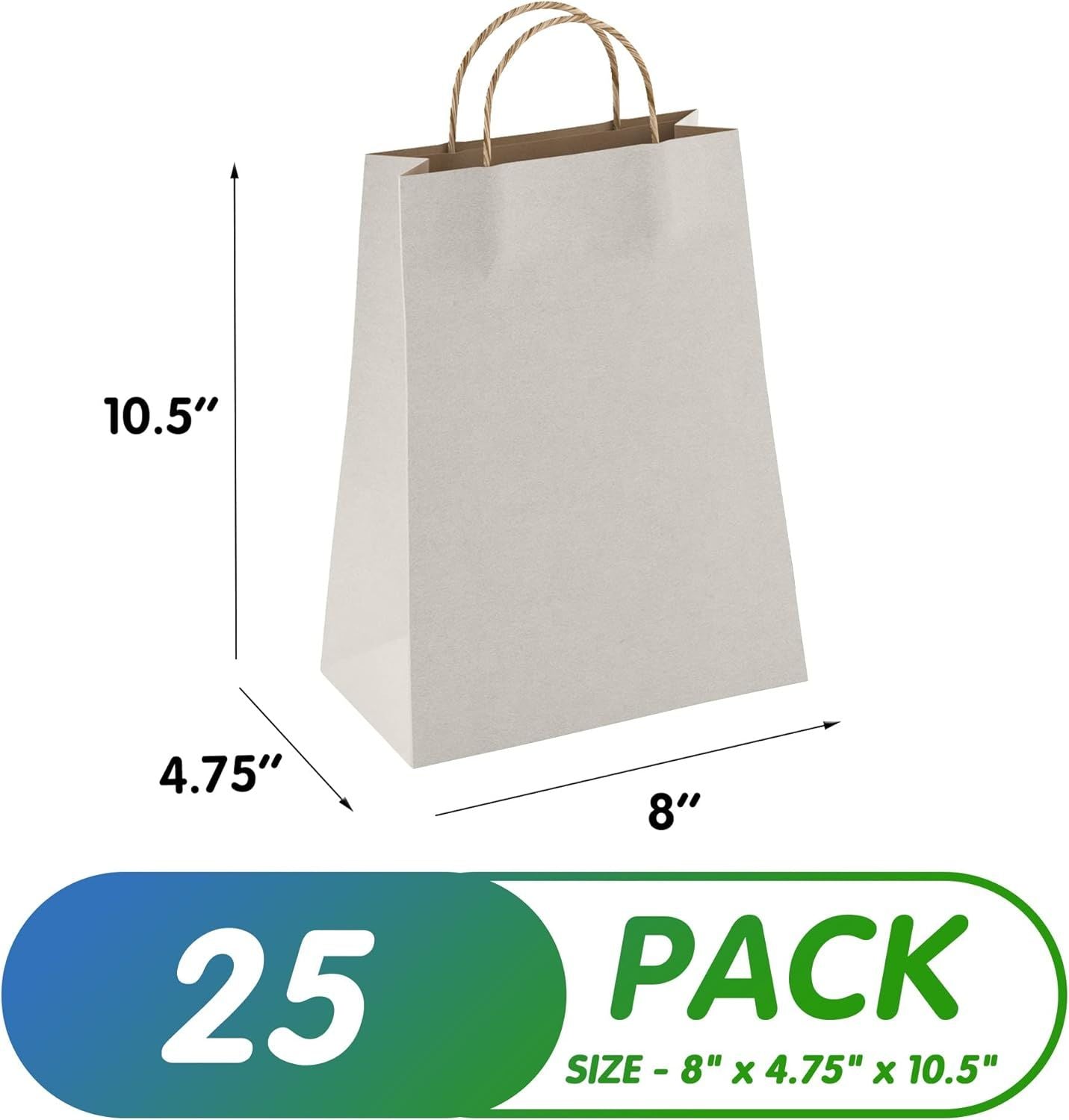 Silver Shopping Bags with Handles 8" x 4.75" x 10.5"; Pack of 25 Silver Gift Bags Bulk; 150 GSM Silver Paper Bags with Handles Bulk; Natural Silver Kr