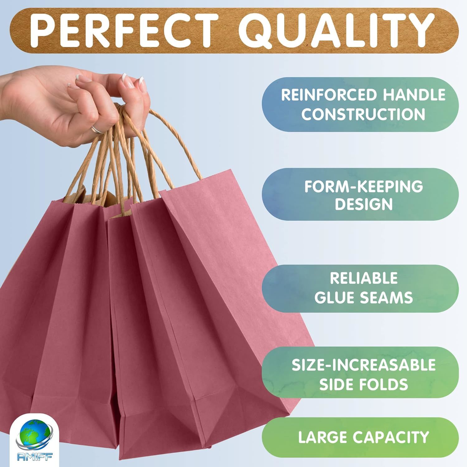 Purple Shopping Bags with Handles 8" x 4.75" x 10.5"; Pack of 50 Purple Paper Bags with Handles Bulk; 150 GSM Purple Gift Bags with Handles; Natural P