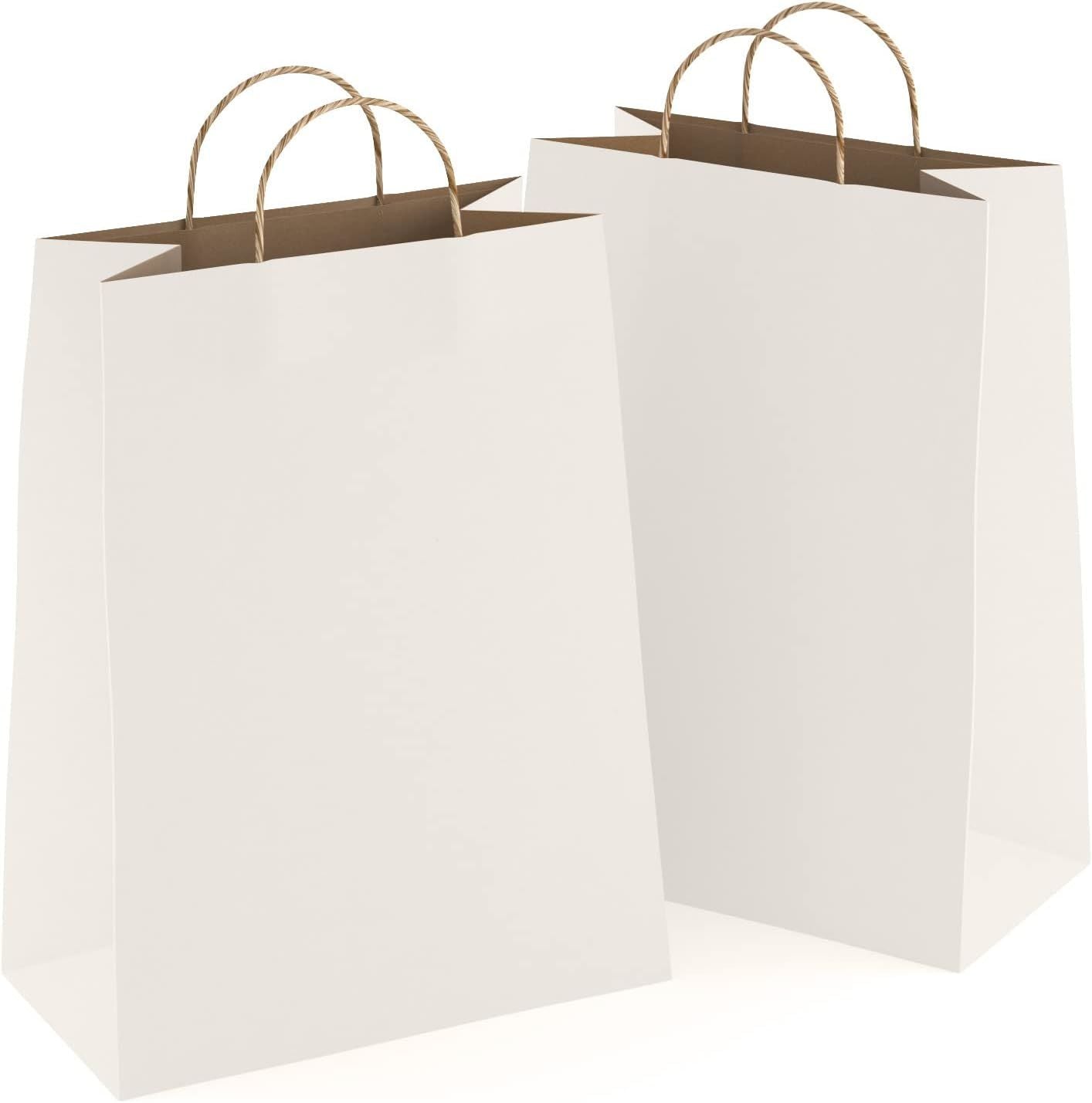 White Shopping Bags with Handles 13" x 7" x 17"; Pack of 50 White Gift Bags with Handles Bulk; 150 GSM White Paper Bags with Handles Bulk; White Bags 