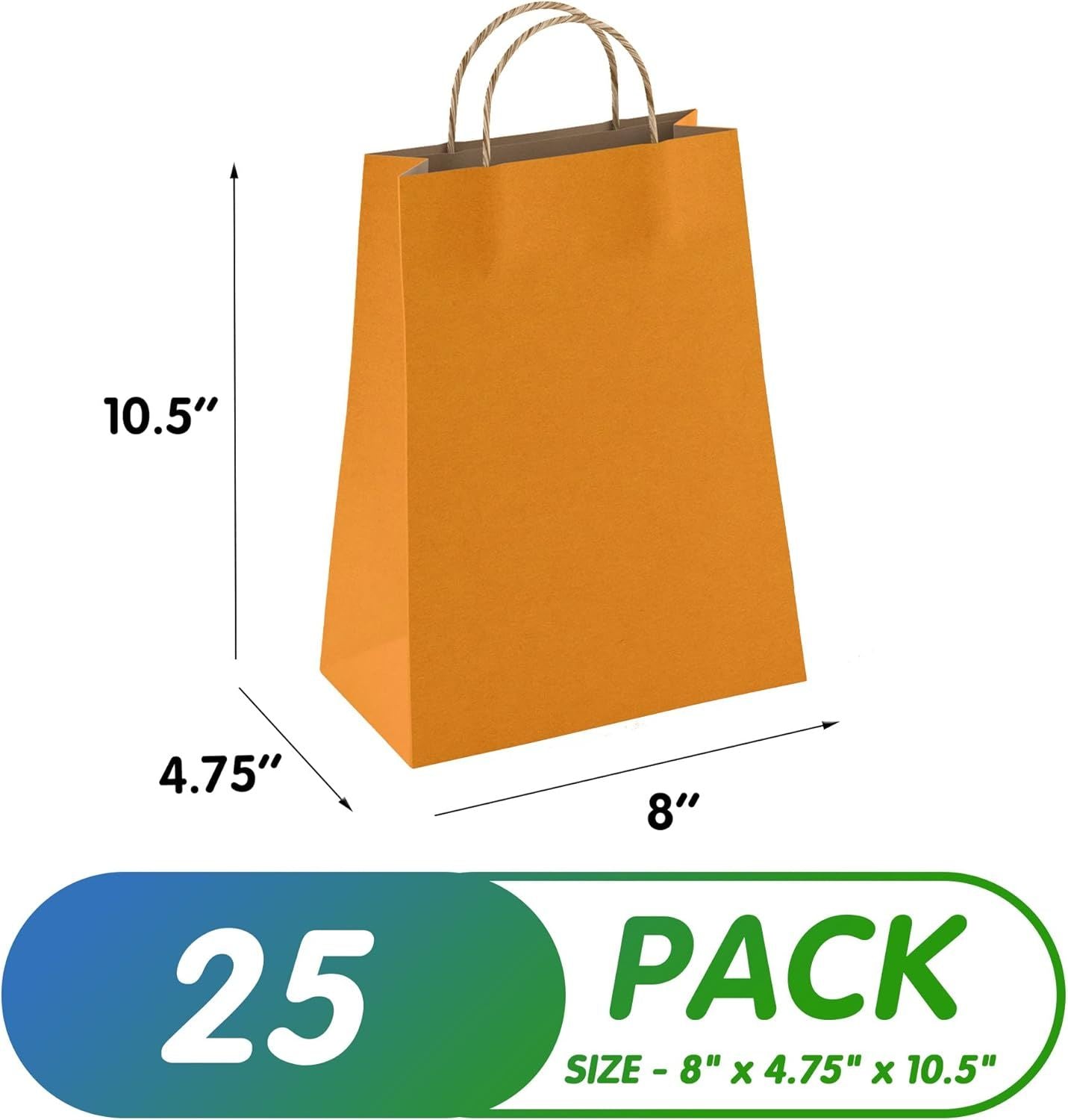 Orange Shopping Bags 8" x 4.75" x 10.5"; Pack of 25 Orange Paper Bags with Handles Bulk; 150 GSM Orange Gift Bags with Handles; Natural Orange Kraft B