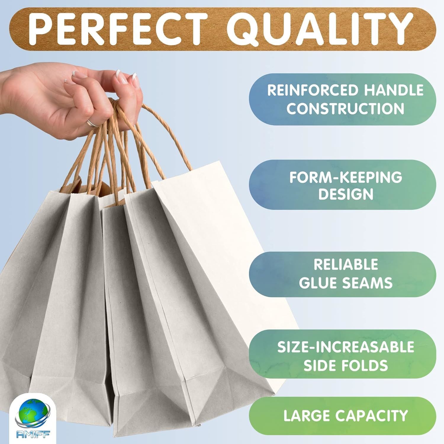 White Shopping Bags with Handles 16" x 6" x 12"; Pack of 50 White Gift Bags with Handles Bulk; 150 GSM White Paper Bags with Handles Bulk; White Bags 